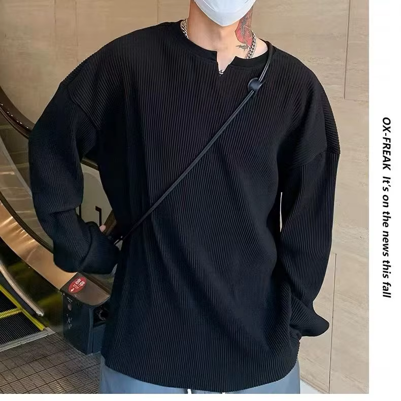 T-shirt Henley ample à manches longues et col en V pour hommes