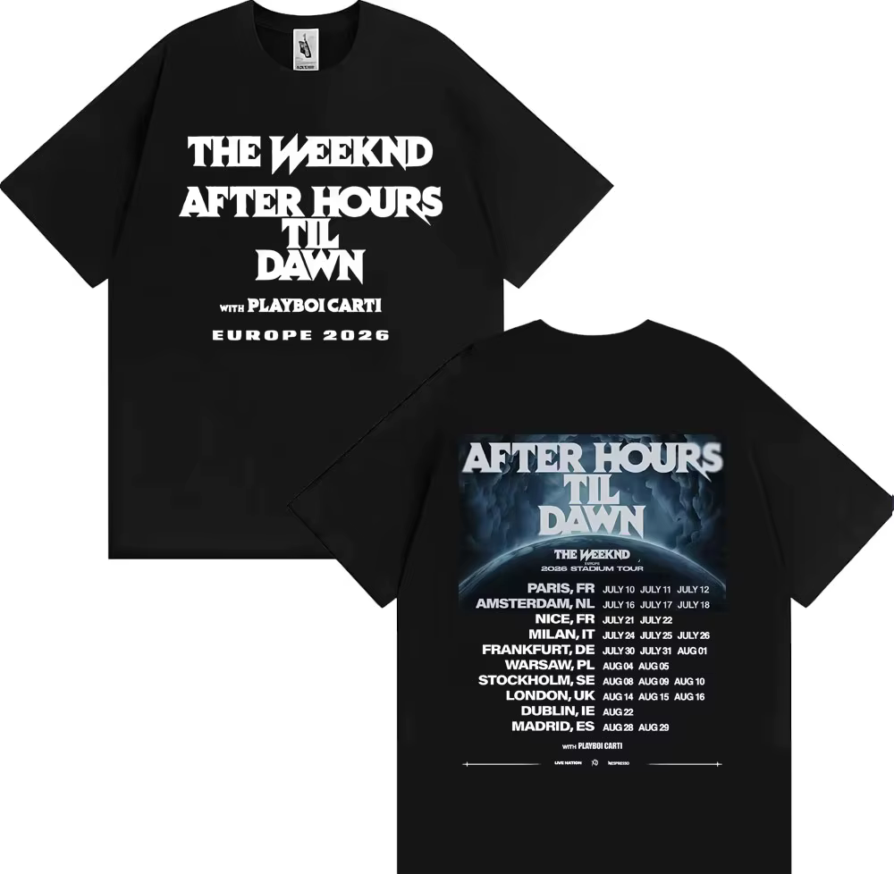 T-shirt The Weeknd After Hours Til Dawn Europe 2026 Stadium Tour, T-shirt unisexe à la mode Hip Hop