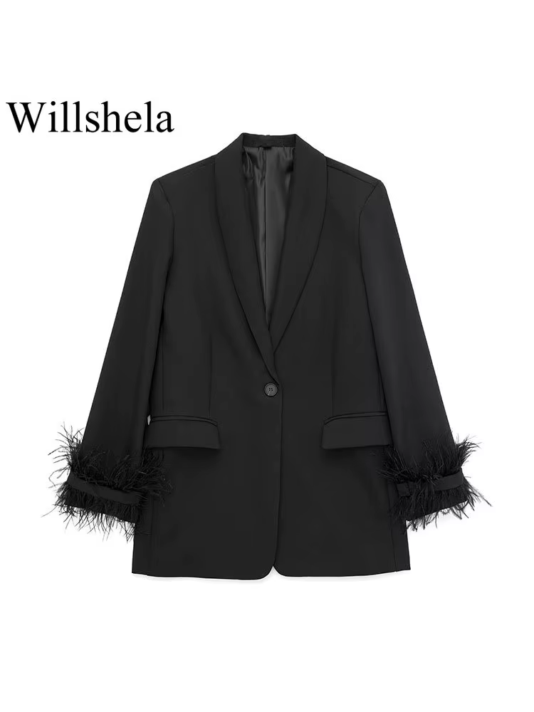 Willshela femmes mode Satin noir avec plume Blazer veste Vintage col cranté bouton unique manches lo