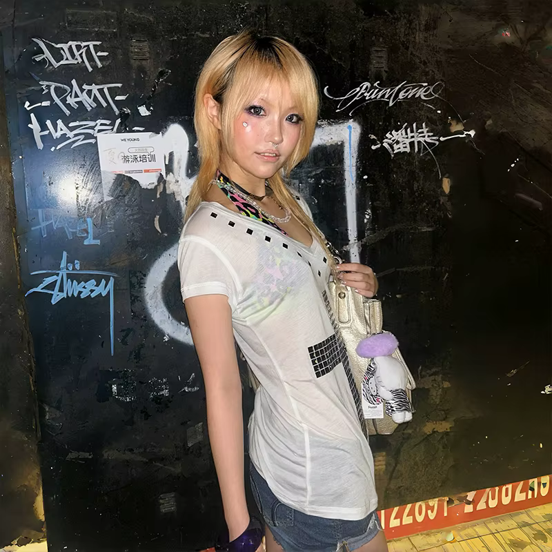 Karrram japonais Y2k métal croix imprimé T-shirt Vintage Harajuku manches courtes transparent hauts 