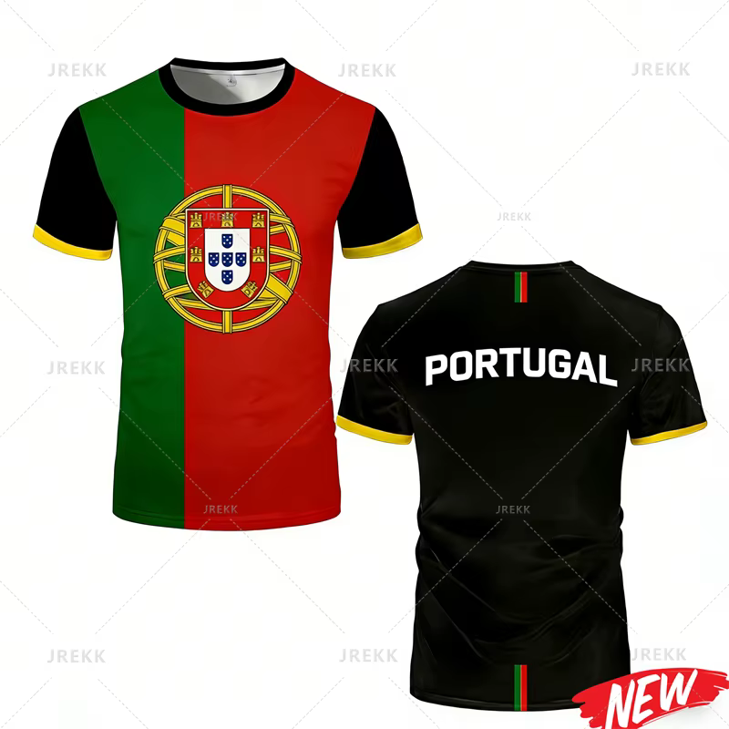 T-shirt pour homme avec motif du drapeau du Portugal, manches courtes, sport de plein air, imprimé 3