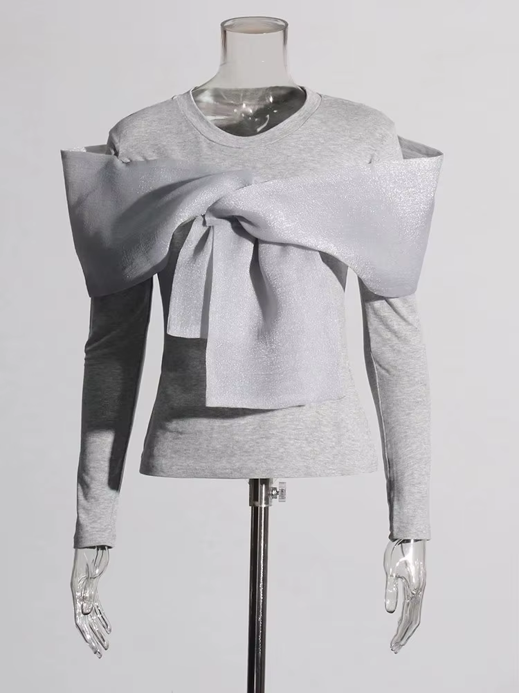 TWOTWINSTYLE Solide Patchwork Bowknot Minceur T-shirt Pour Les Femmes Col Rond À Manches Longues Min