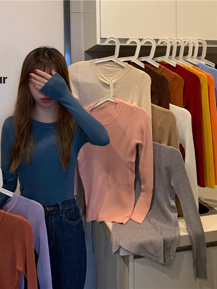 Nouveau Pull Femme 2026 Automne Hiver Manches Longues Col Rond Élastique Tricoté Uni Tendance