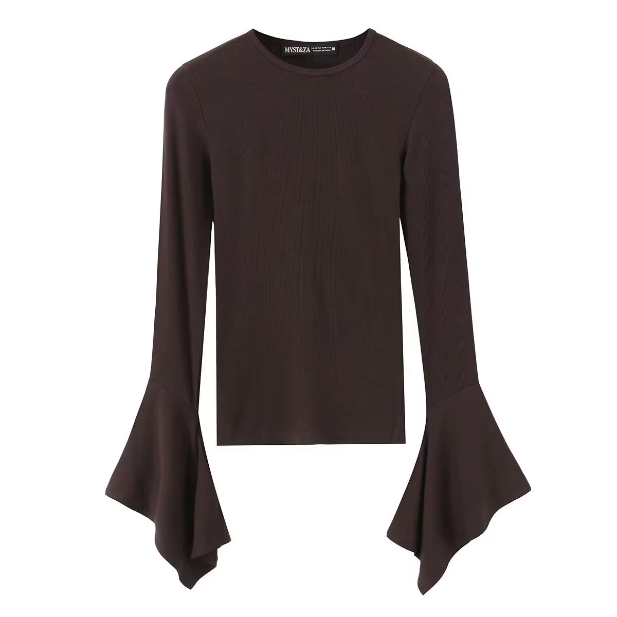 T-shirt noir à manches longues et col rond pour femme, coupe ajustée, style streetwear, en coton tri