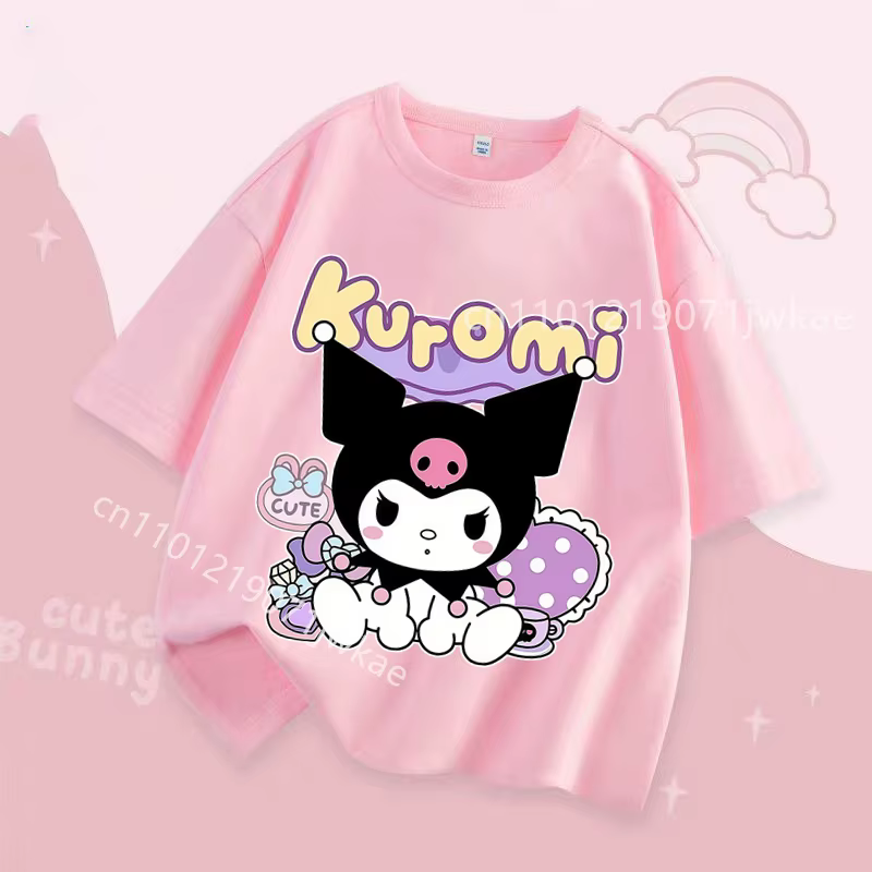 T-shirt fille Kuromi violet imprimé dessin animé, hauts pour enfants à manches courtes, vêtements d'
