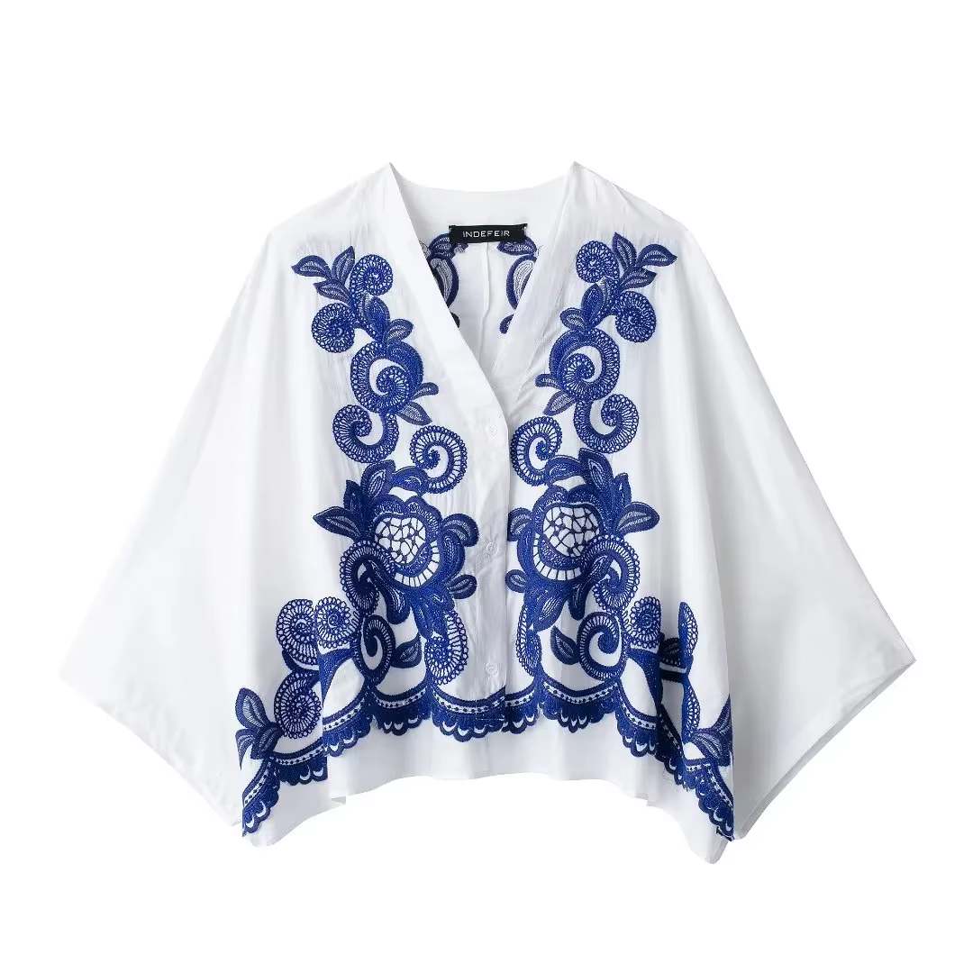 HH 2024 femmes mode bleu broderie florale Blouse décontracté ample col en V simple boutonnage chemis