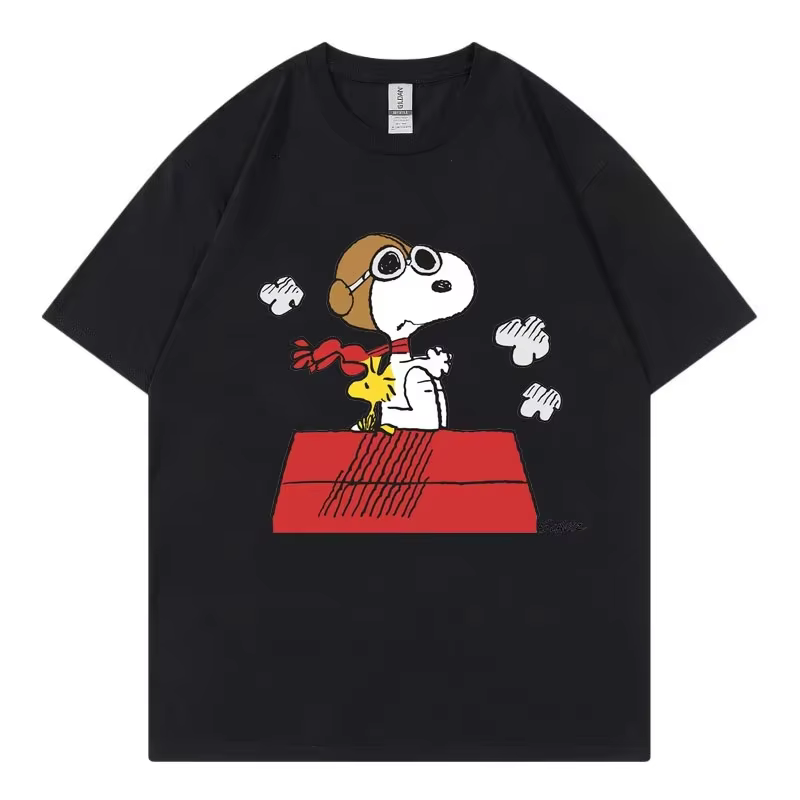 Snoopy noir femmes T-shirt été 2025 nouveau à manches courtes 100% coton hommes femmes T-shirt hauts