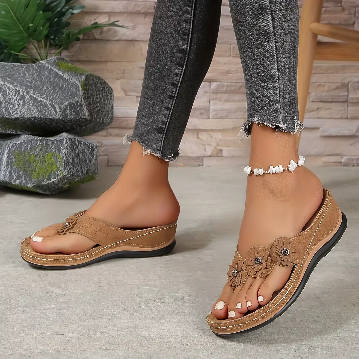 Sandales de plage florales pour femmes, mode été 2026, à bout rond, compensées, décontractées et con