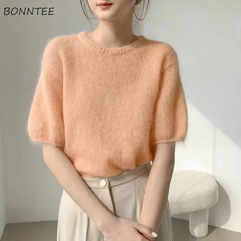 Tricots à manches courtes et col rond pour femmes, pulls décontractés, simple, tout match, paresseux