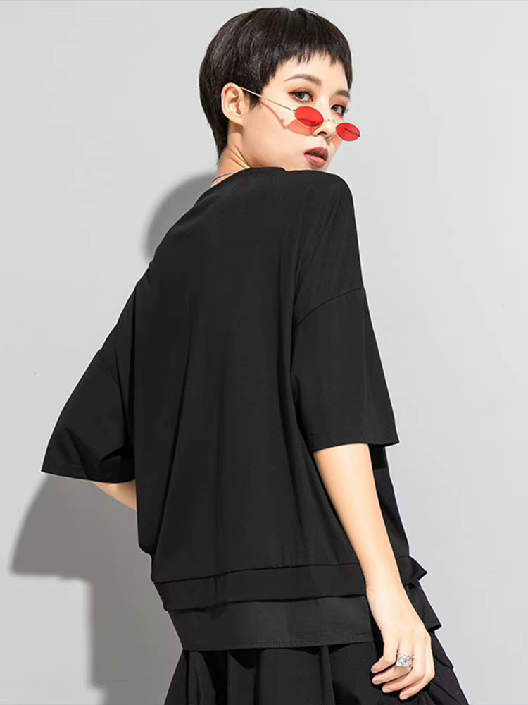 AmaxluluE 2025 été mode T-shirt femmes noir à manches courtes T-shirt dames décontracté Patchwork ha