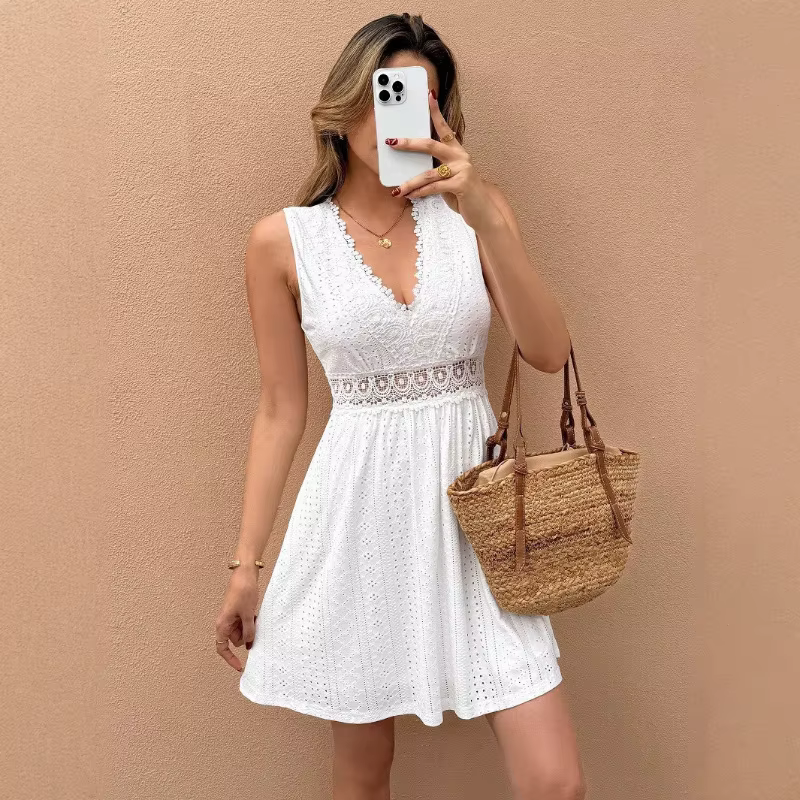Nouvelle Robe Décontractée d'Été 2026 sans Manches à Col en V avec Empiècements en Dentelle et Jacqu