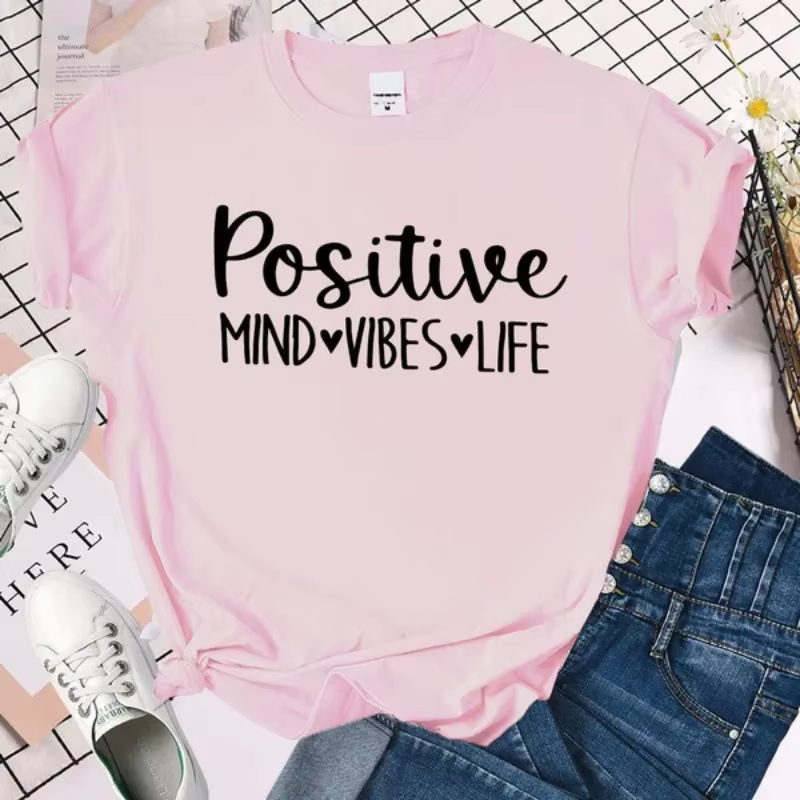 T-shirt manches courtes col rond femme, estival et positif, avec lettres imprimées Beaumont Vibes Li