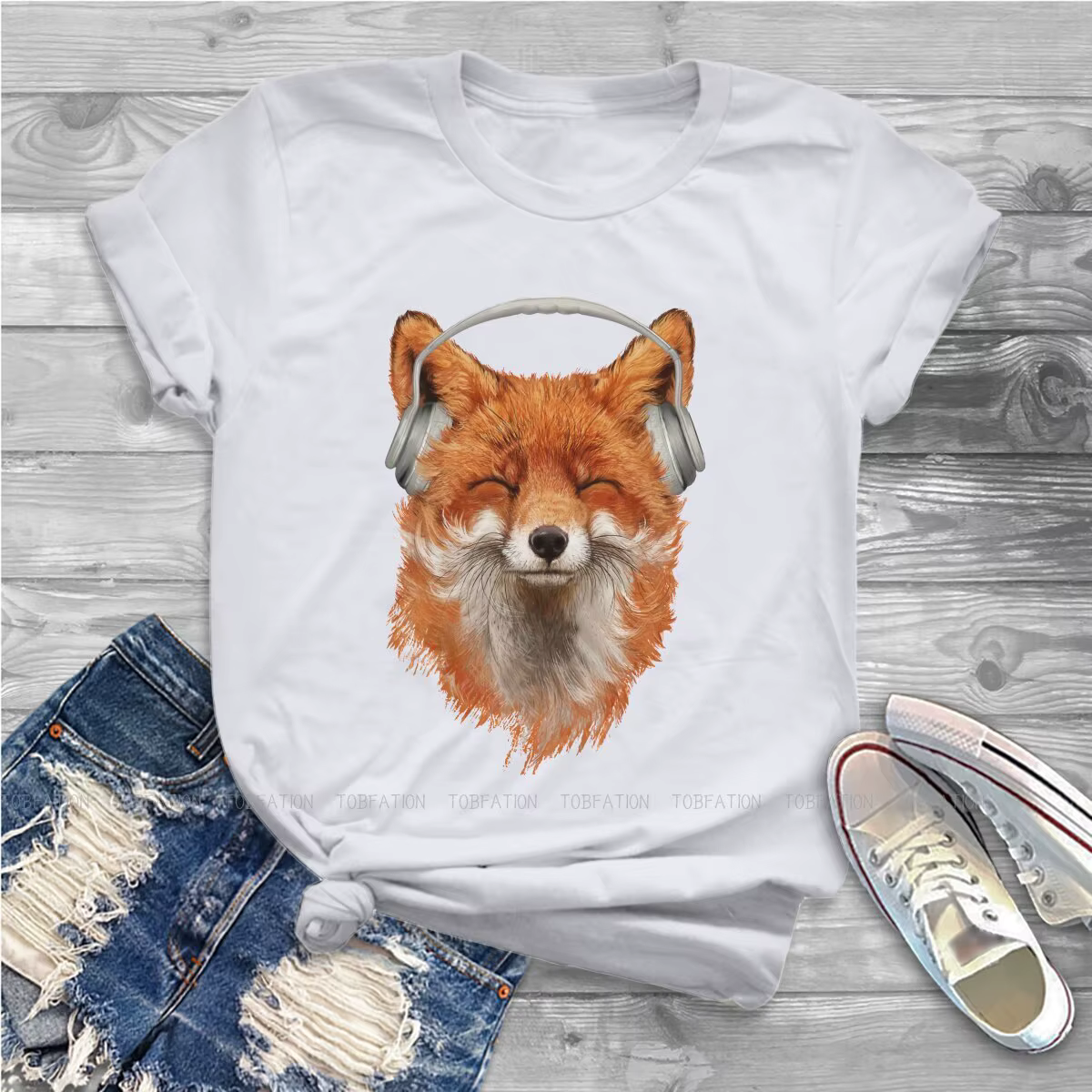 T-shirt femme, estival et humoristique, en coton, 5XL, avec image de renard Musical souriant, pour f