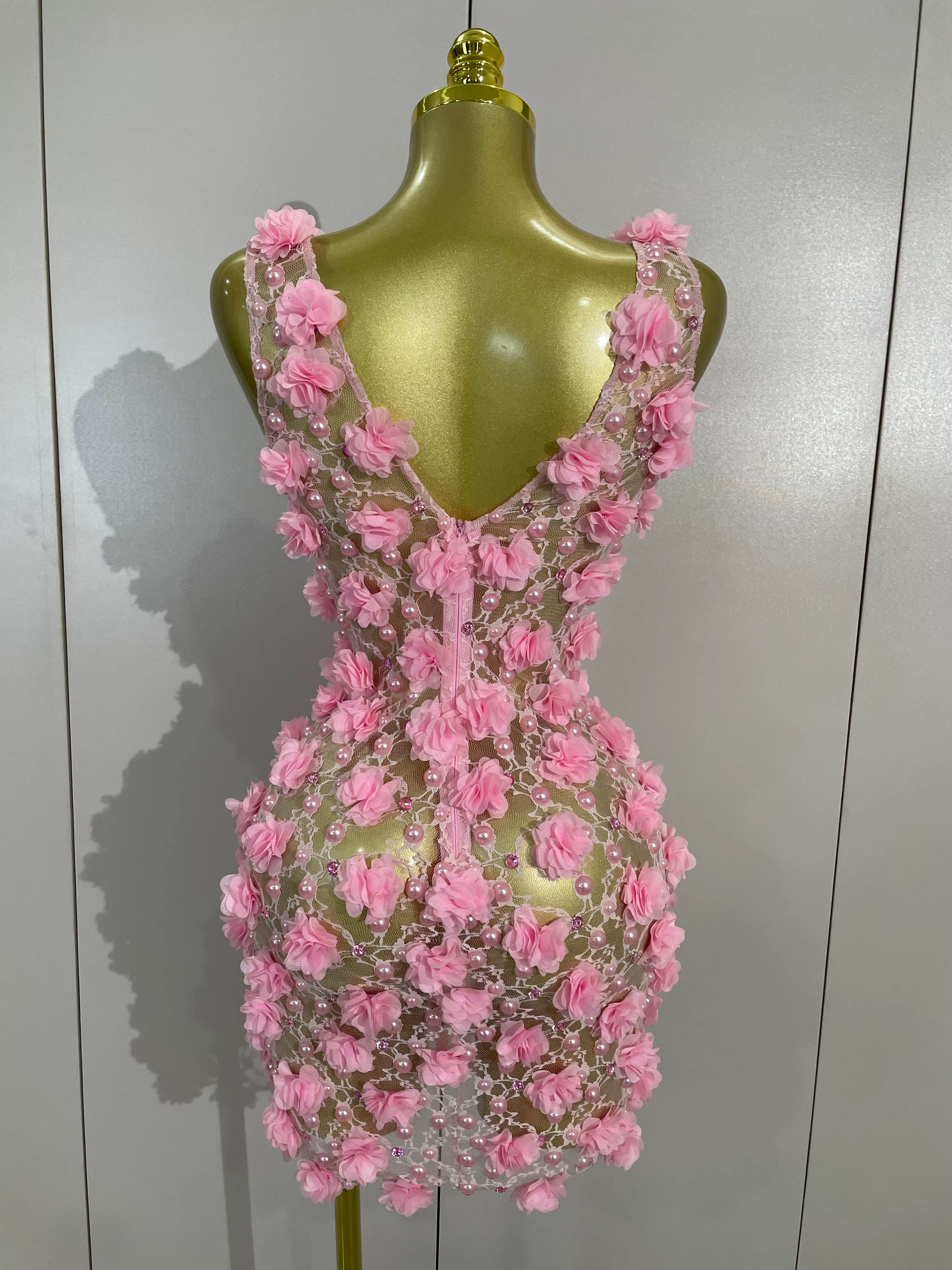 Robe de soirée pour femmes, robe de club, robe d'anniversaire, robe rose à fleurs en perles, robe en