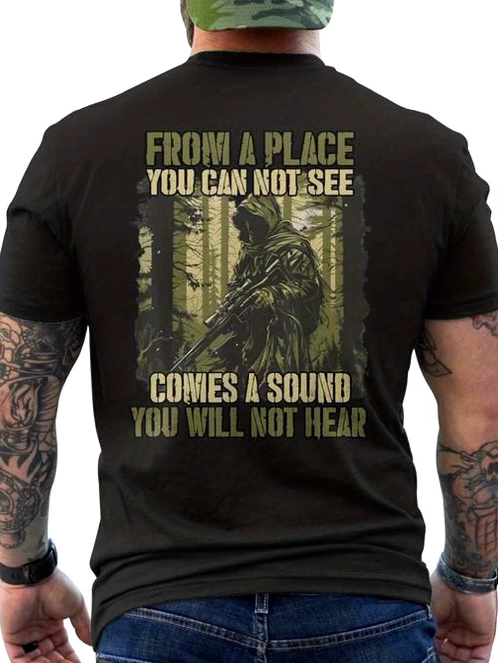 T-shirt militaire pour homme - Motif camouflage forestier imprimé au dos, idéal pour les vêtements t