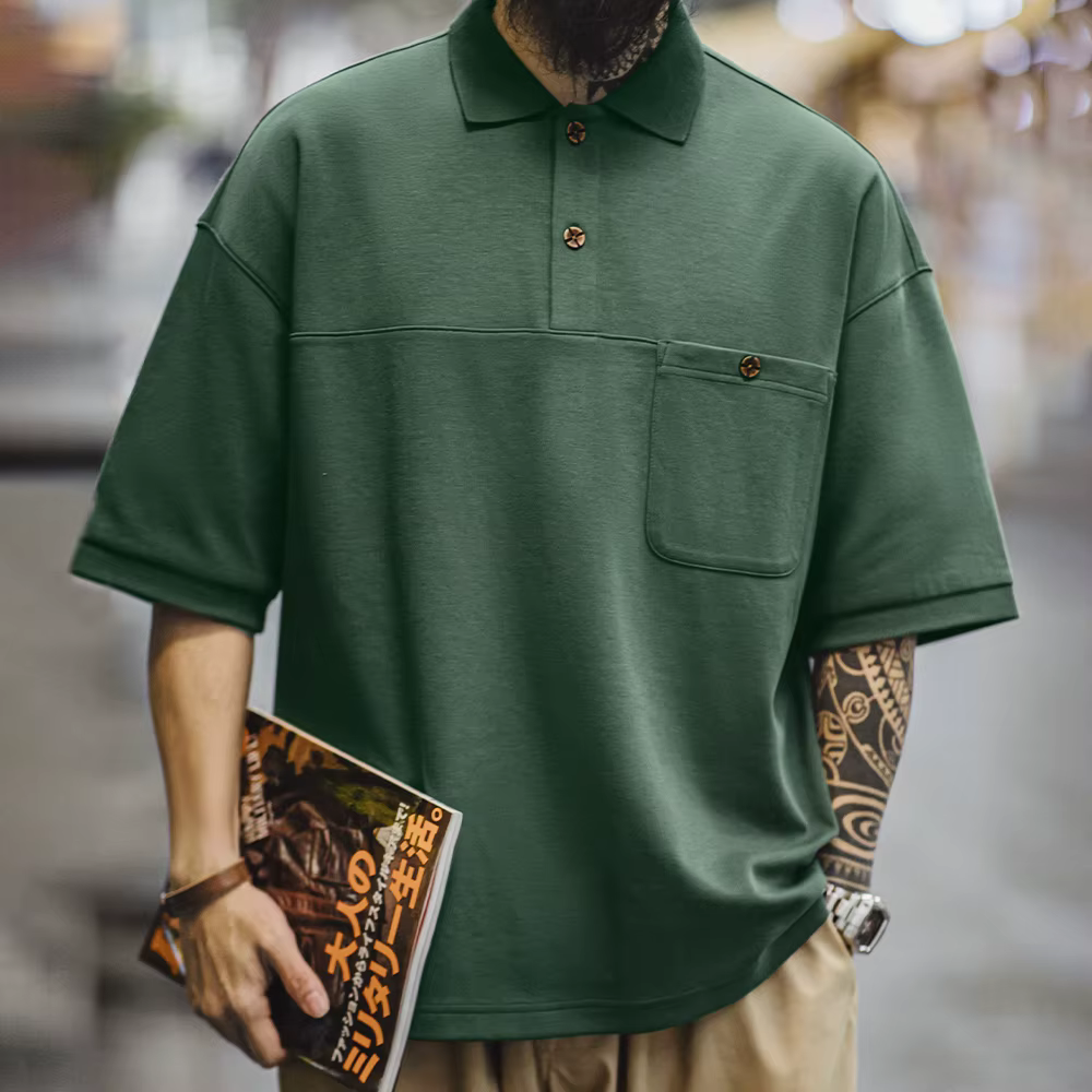 Maden nouveau Vintage vert revers à manches courtes Polo hommes été coupe ample décontracté poche T-