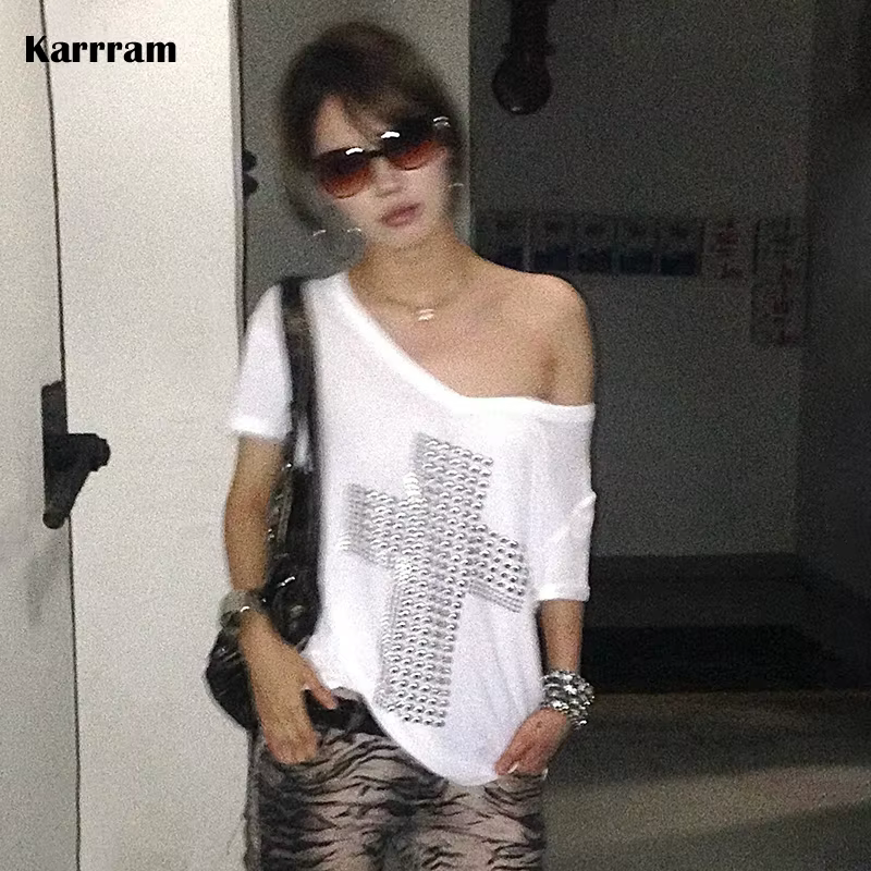 Karrram japonais Y2k métal croix imprimé T-shirt Trashy 2000s col en v transparent hauts Vintage Har