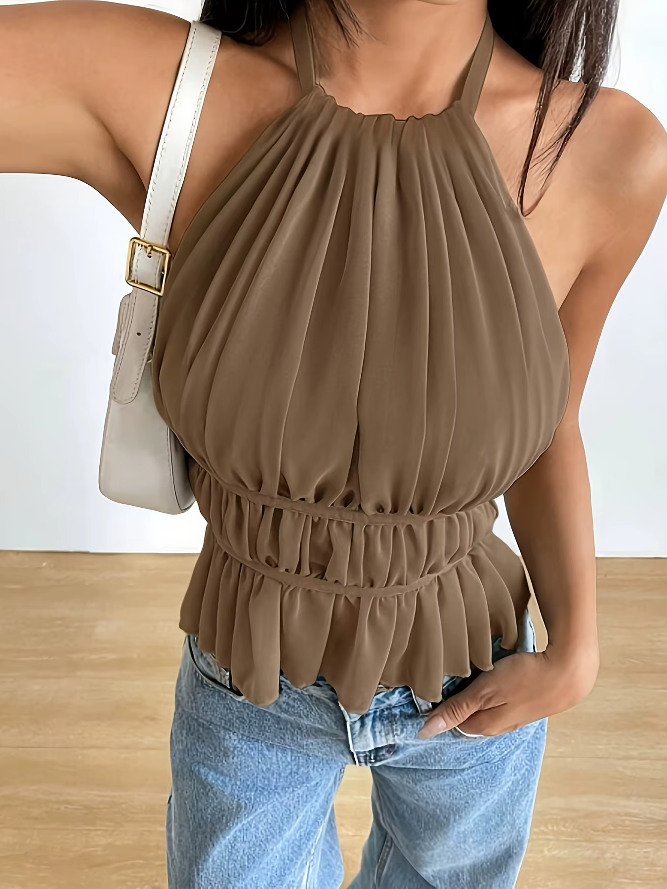 Débardeur Halter en Chiffon Marron pour Femme - Camisole Courte à Volants Froncés et Dos Nu à Nouer