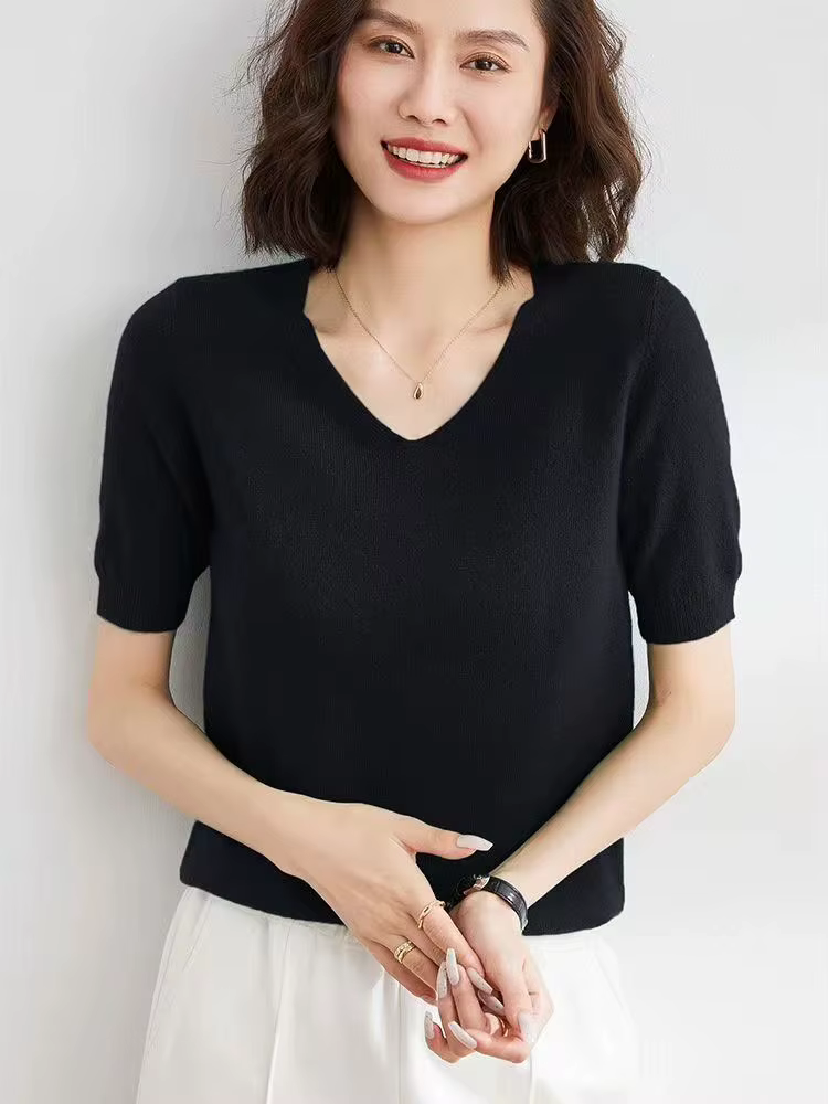 Printemps mérinos laine t-shirt col en V laine à manches courtes femmes tricots porter cachemire fem