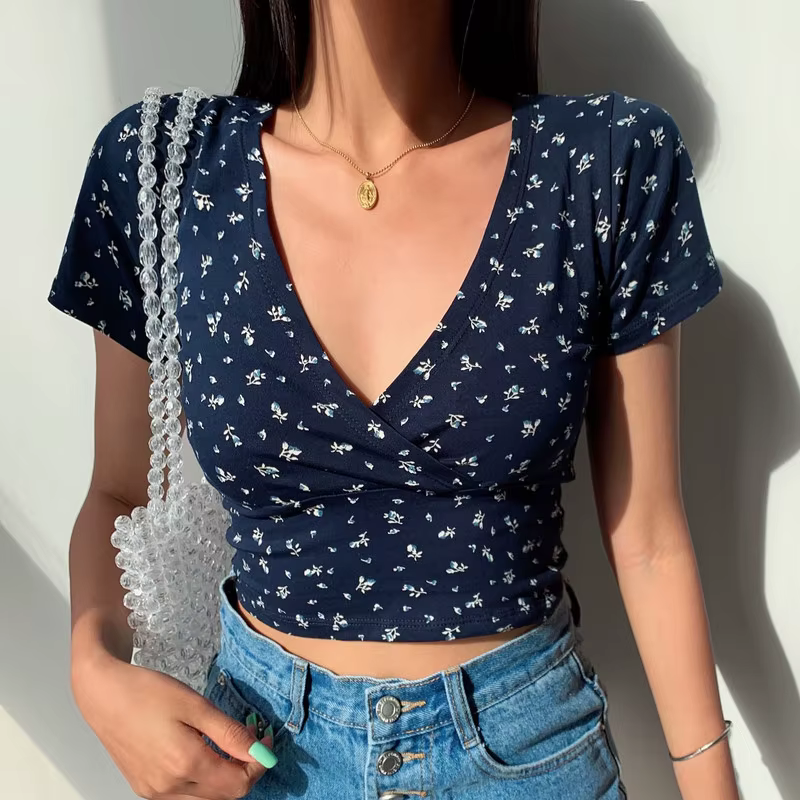 T-shirt Manches Courtes Col V pour Femme, Haut Français Rétro Floral, Slim, Amincissant, Sauvage, Ét