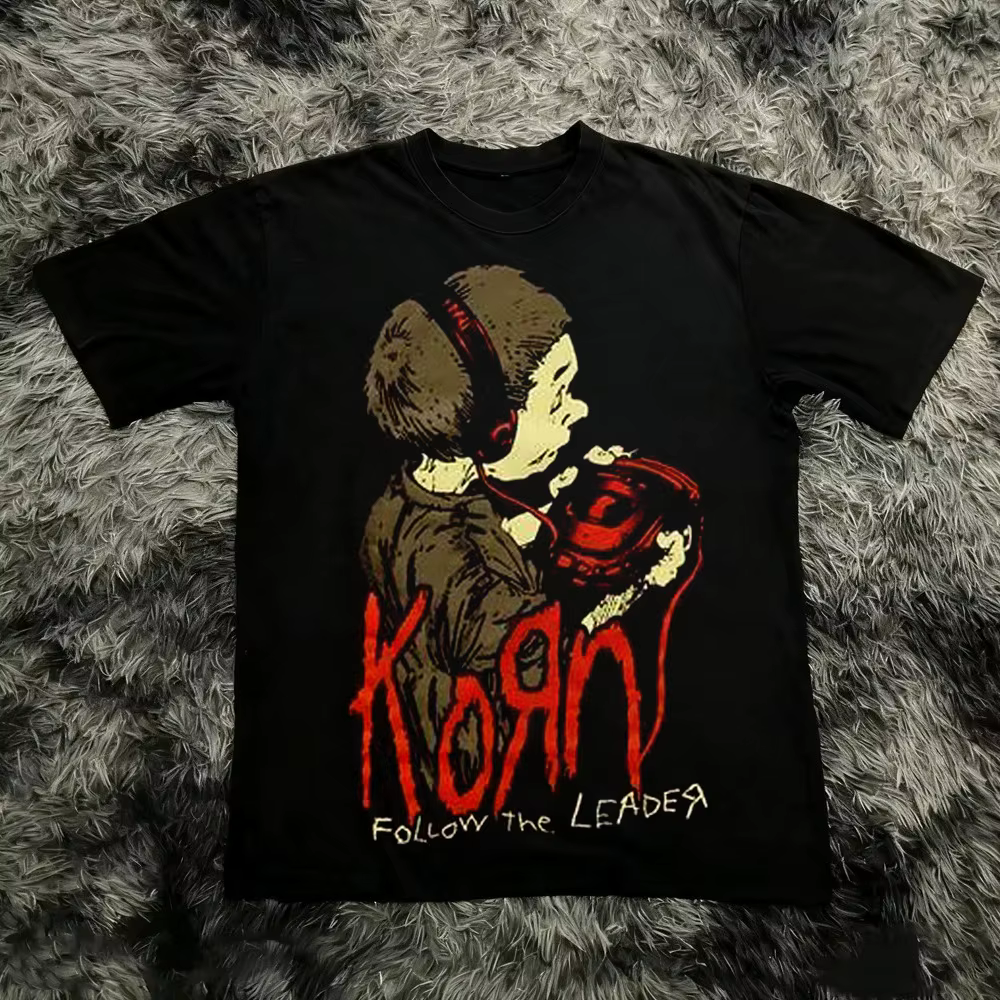 Korn Follow The Leader T-shirt en coton imprimé double face Metal Band Tee pour hommes et femmes, t-