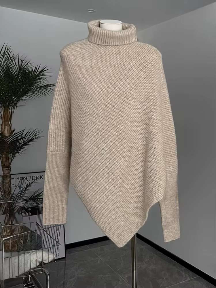 Pull Poncho en tricot asymétrique pour femmes, tricot côtelé doux, col roulé, manches longues, hauts