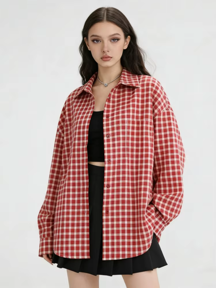 2025 Y2k automne femmes nouveau Vintage rouge Plaid col rabattu sur-chemise à manches longues Street