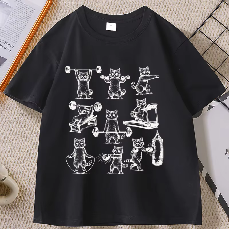 T-shirt de sport amusant pour hommes et femmes, motif chat, pour la musculation, col rond, manches c