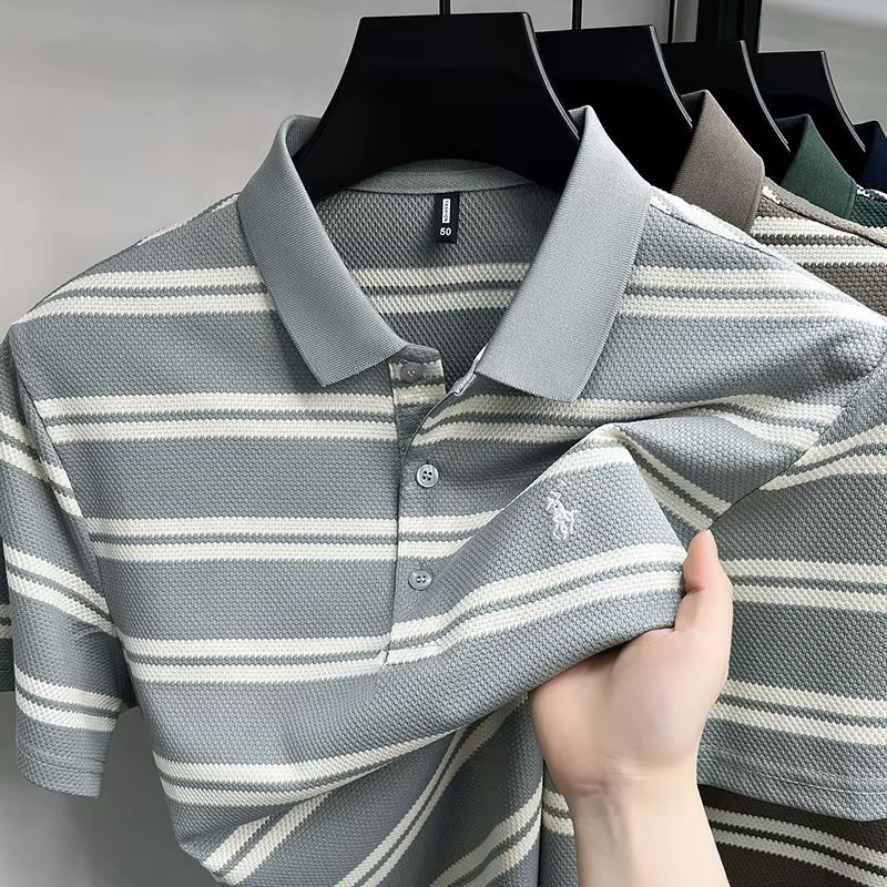 Polo en piqué à manches courtes pour homme avec rayures brodées, T-shirt d'été respirant à col rabat