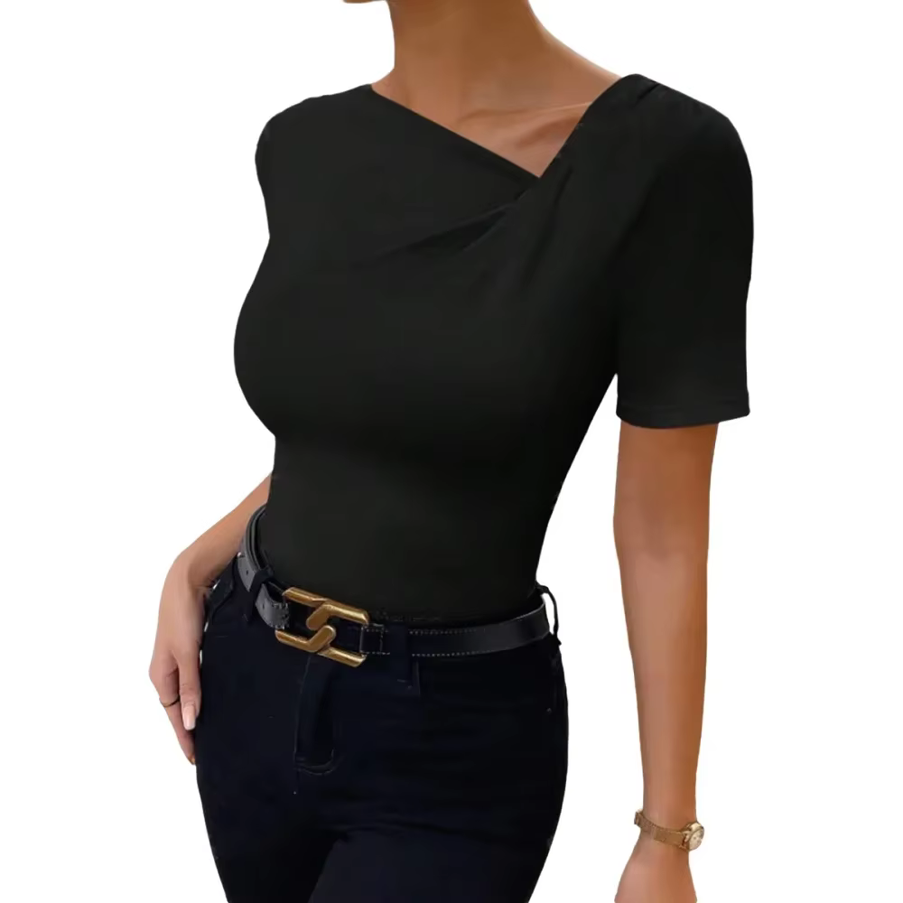 T-shirt pour femme à col asymétrique, manches courtes, froncé, en maille lisse, coupe ajustée, éléga