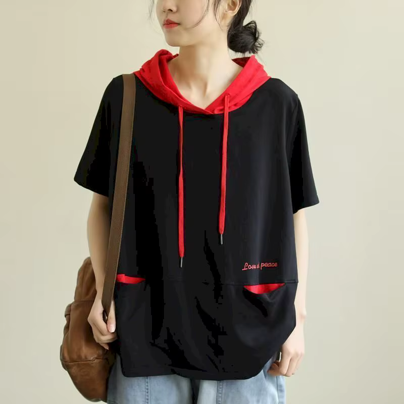 T-shirt ample et décontracté à manches courtes pour femmes, 100% coton, mode d'été, capuche, littéra