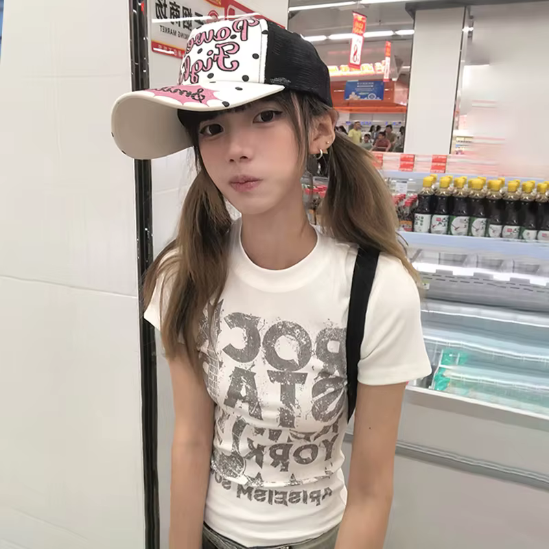 Karrram japonais Y2k lettre impression T-shirt 2000s Style à manches courtes haut court Vintage Hara