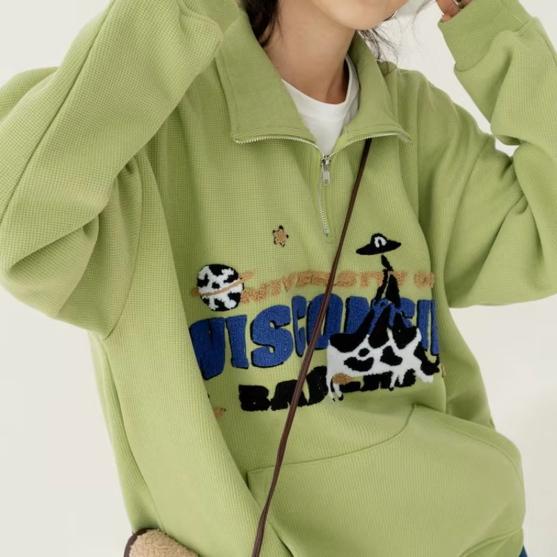 Avocat vert mignon vache broderie POLO sweat demi fermeture éclair ample décontracté étudiants fille