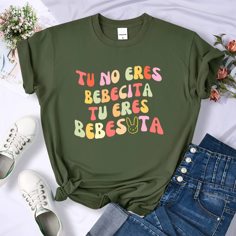 T-shirt imprimé Tu No Eres Bebecita Tu Eres BeBio ota pour femme, haut confortable avec lettres colo