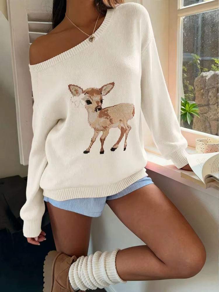 Pull à motif fauve, col asymétrique, manches longues, tricot ample, style vintage décontracté