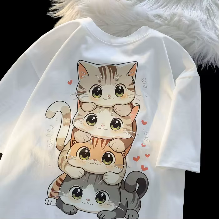 T-shirt manches courtes col rond femme, décontracté, ample et polyvalent, imprimé chat de dessin ani