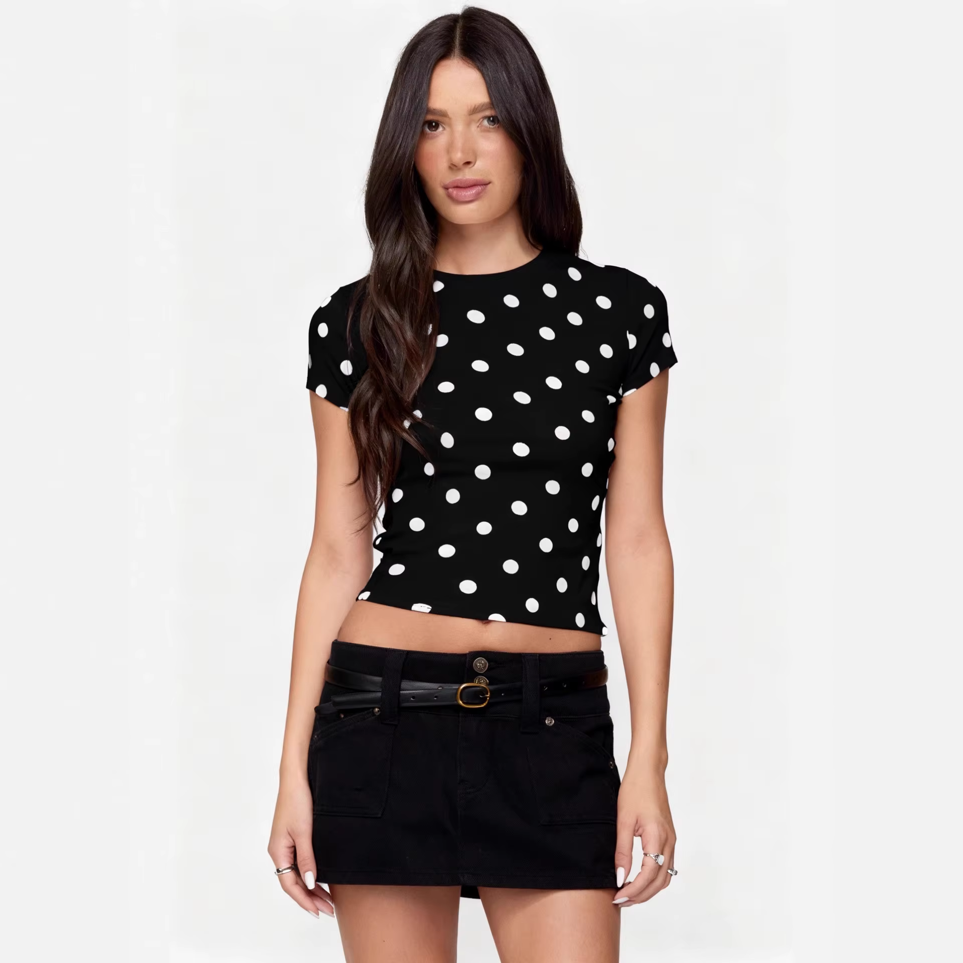 T-shirt vintage à pois à manches courtes – T-shirt décontracté d'été ajusté pour femme avec encolure