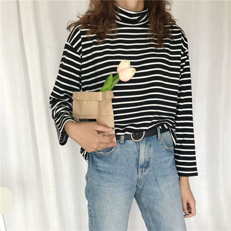 Automne à manches longues col roulé hauts mince tricoté fond t-shirt mode coréenne pull Harajuku pul
