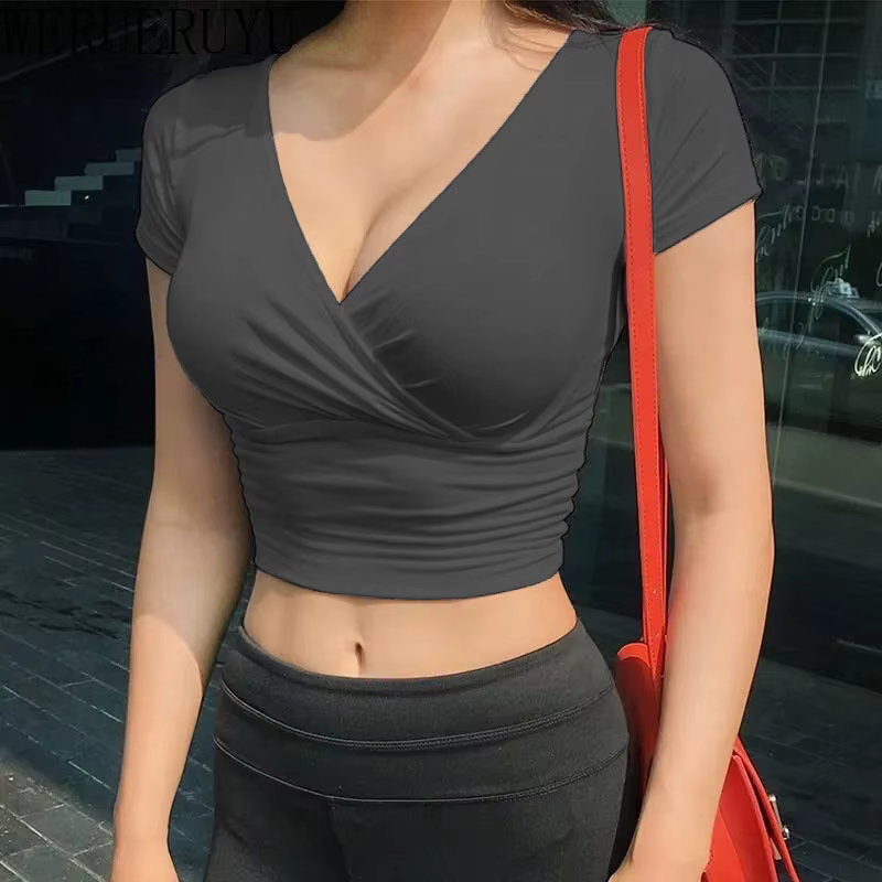 T-shirt manches courtes col en v pour femmes, noir, Sexy, Y2k, haut court, vêtements Streetwear, mod