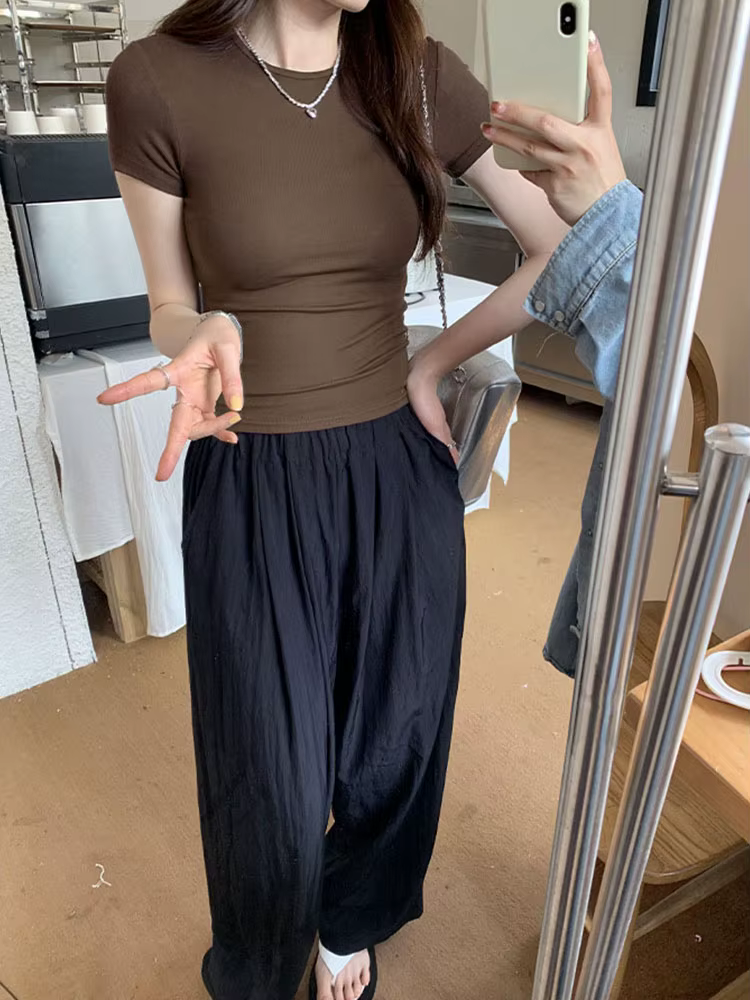 Haut court basique à manches courtes et col rond pour femme, T-shirt slim, décontracté, y2k, Vintage