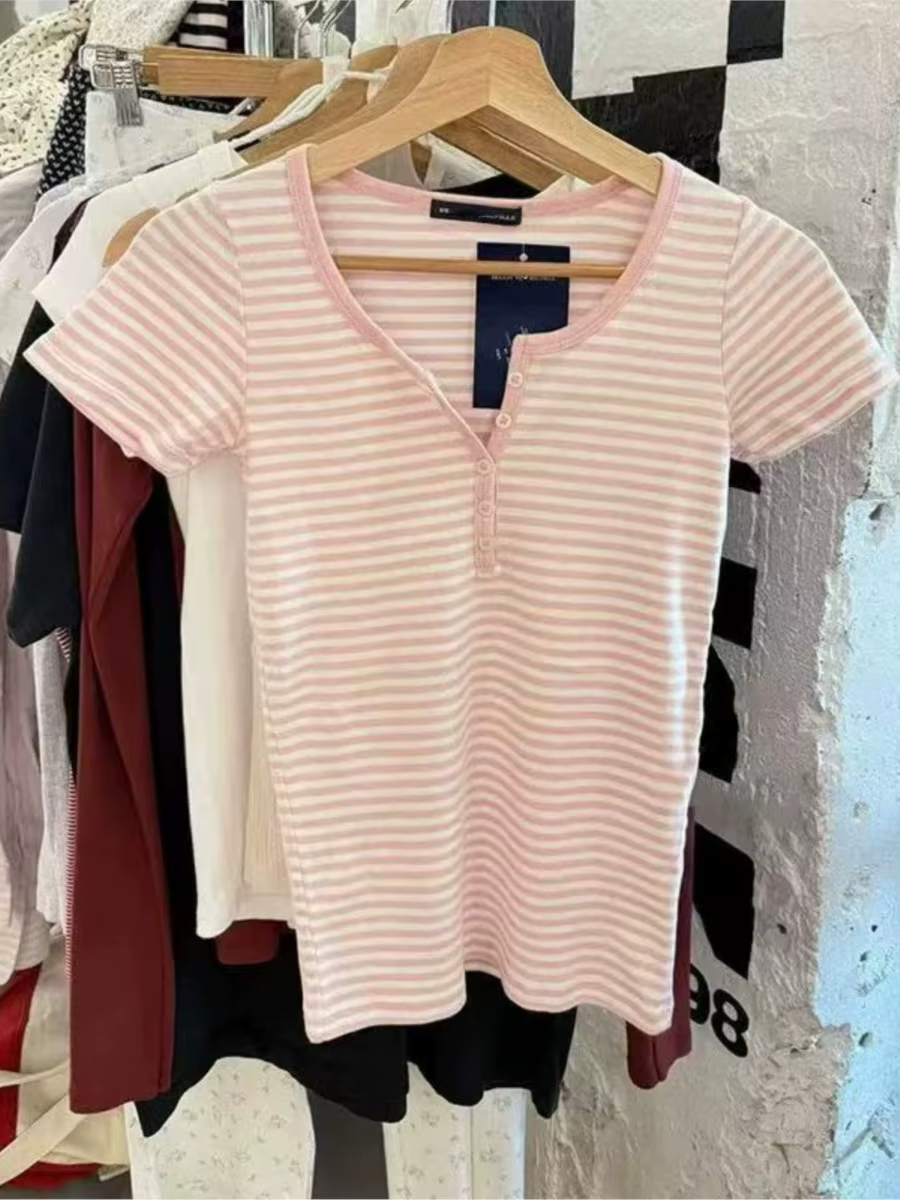 Doux petit rose rayé T-shirts femmes nouveau coton col rond décontracté mince boutons à manches cour