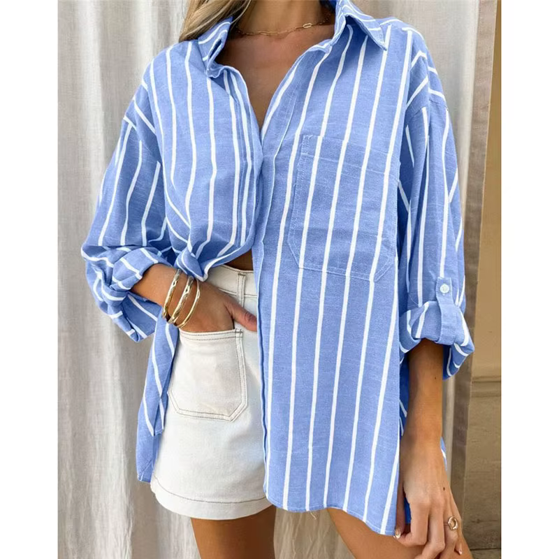 Chemise rayée à col polo ample pour femme, pour le printemps et l'été, élégante, décontractée, haut 