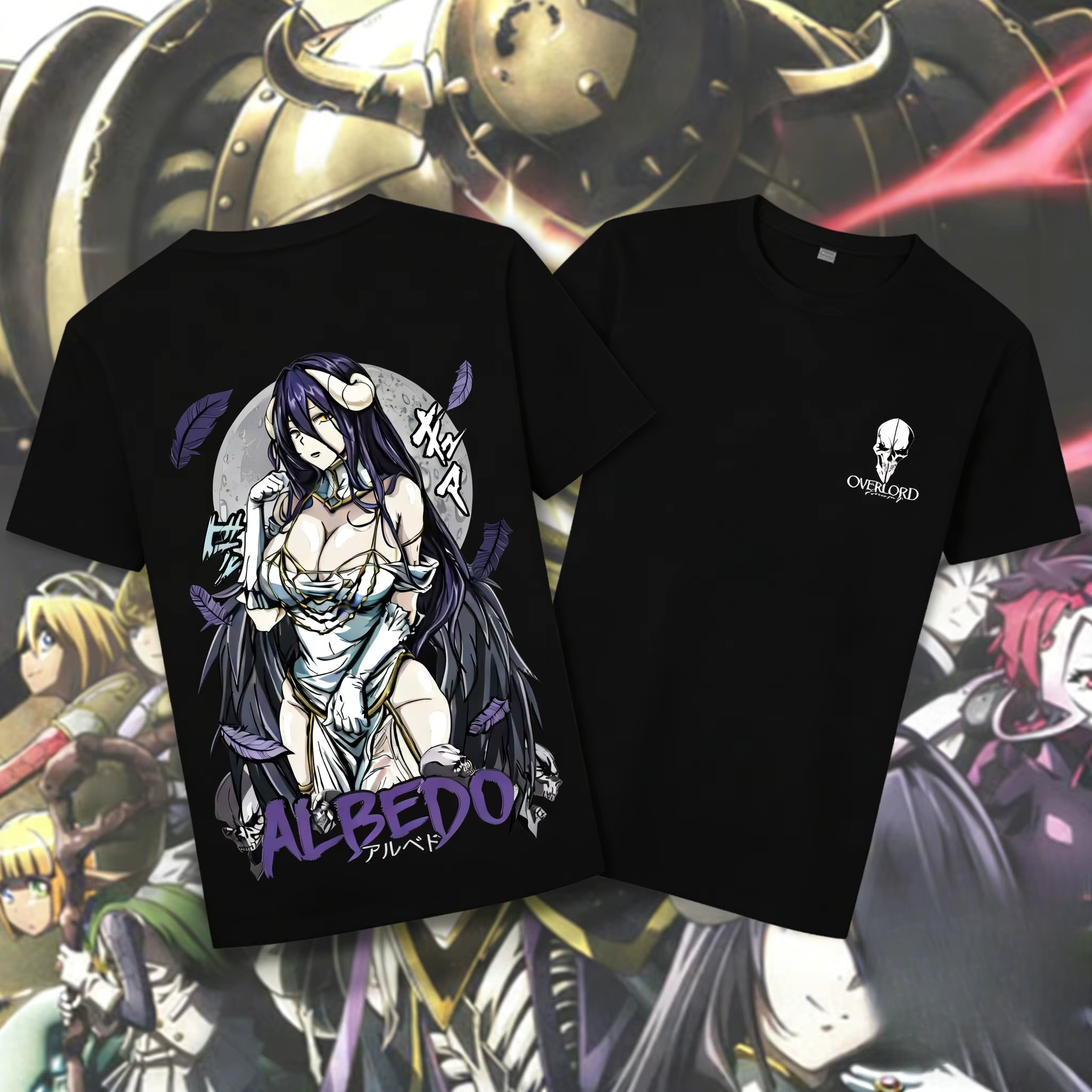 T-shirt Oversize Anime Overlord Été 2026, Impression Double Face Albedo avec Logo Crâne Overlord, Te