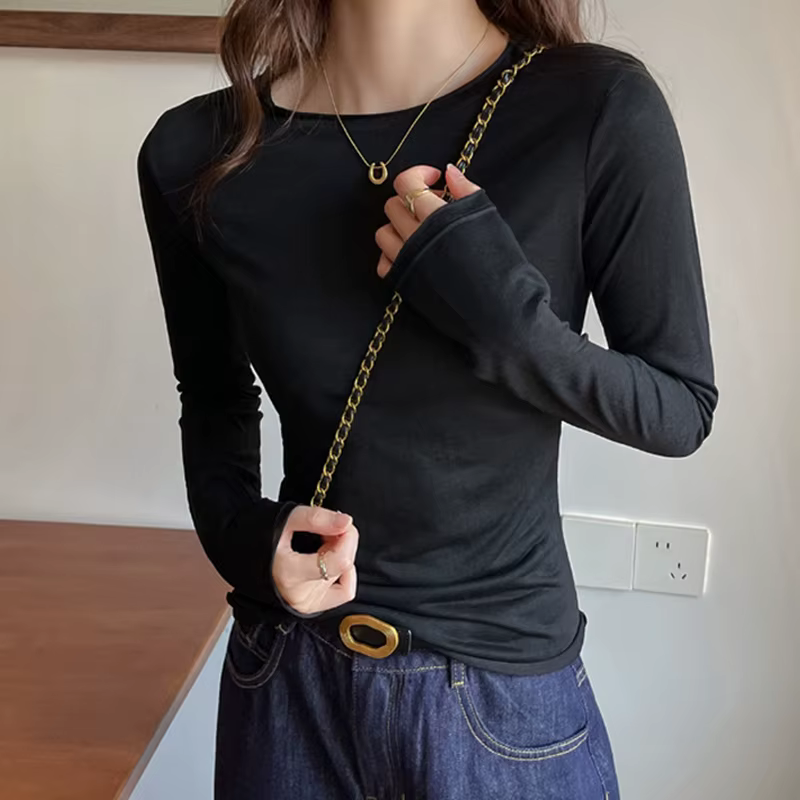 T-shirt gris à col rond et manches longues pour femme, coupe ajustée, printemps-automne, basique, si