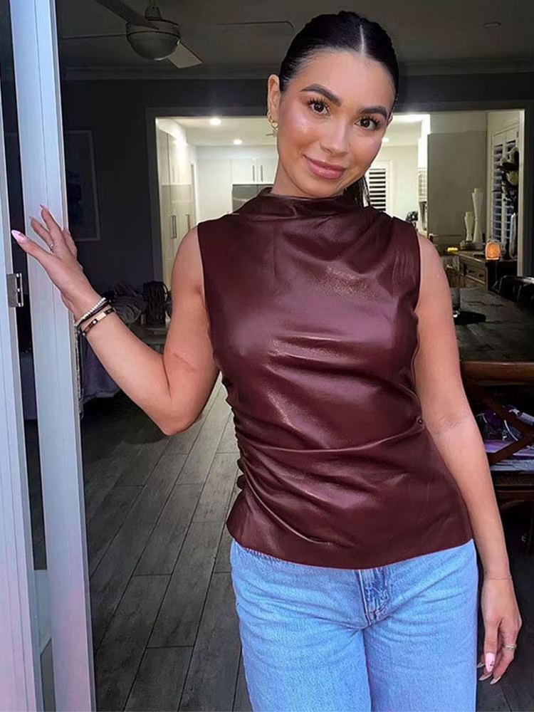 Débardeur Vintage Pu Simple pour femmes, Y2K, basique, taille haute, slim, coupe Shrunk, hauts sans 