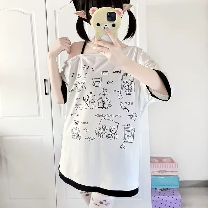 Japonais Y2k sous-culture mignon T-shirt épaules dénudées blanc à manches courtes été T-shirt femme