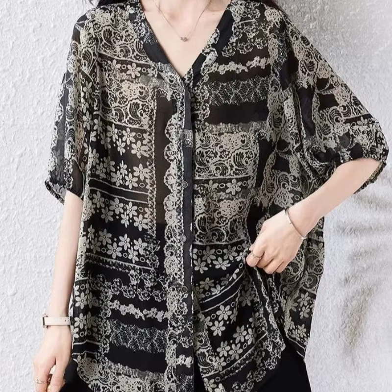 Chemisier imprimé à col en V et manches chauve-souris pour femme, coupe ample, style bohème, décontr