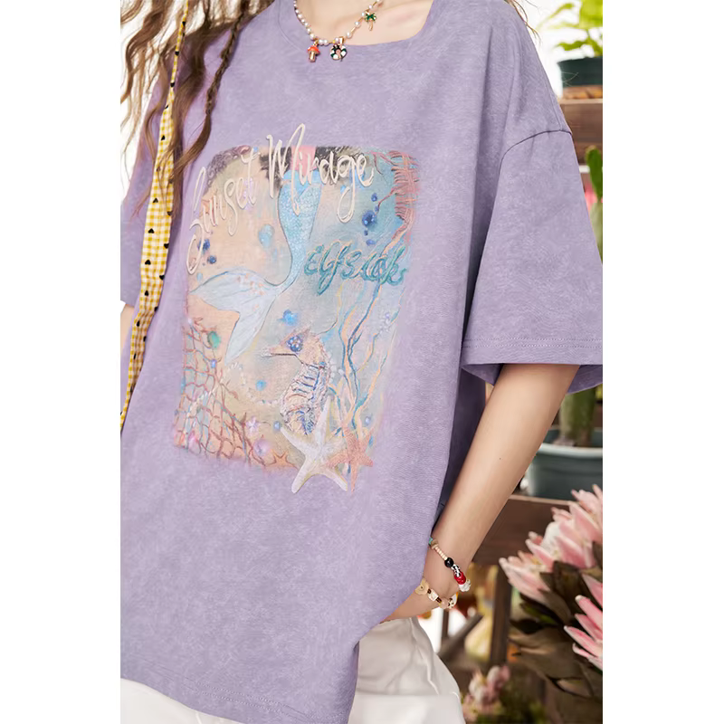 ELFSACK T-shirt surdimensionné à imprimé sirène pour femme, tee-shirt violet délavé vintage avec mot