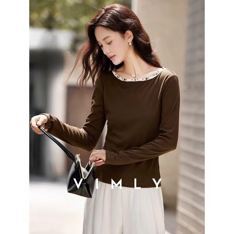 T-shirt blanc à manches longues pour femme VIMLY, collection automne 2026, col bateau, haut décontra