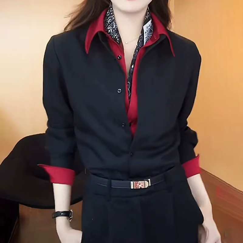 Chemise à col polo tendance pour femme, style coréen, blocs de couleur, manches longues, tissu satin